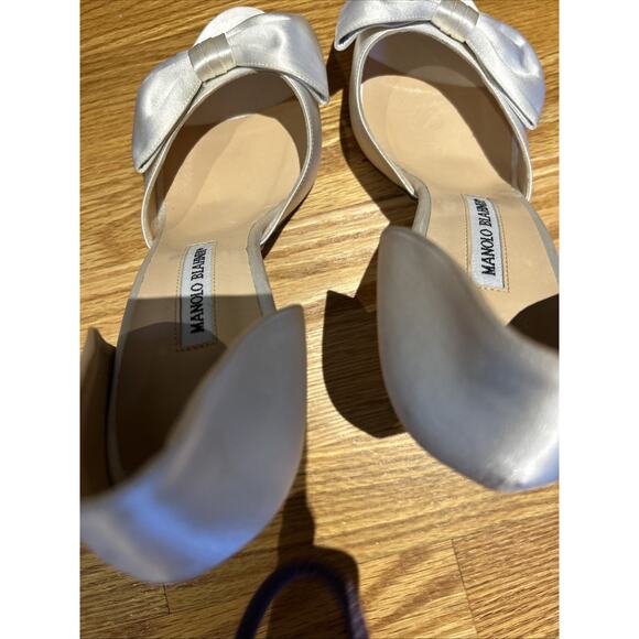 Manolo Blahnik cream satin D'orsay stiletto's 41 1/2 bow peep tow Italy New - Picture 6 of 16